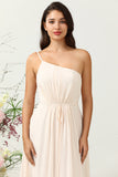Light Pink A Line One Shoulder Chiffon Bridesmaid Dress with Ruffles