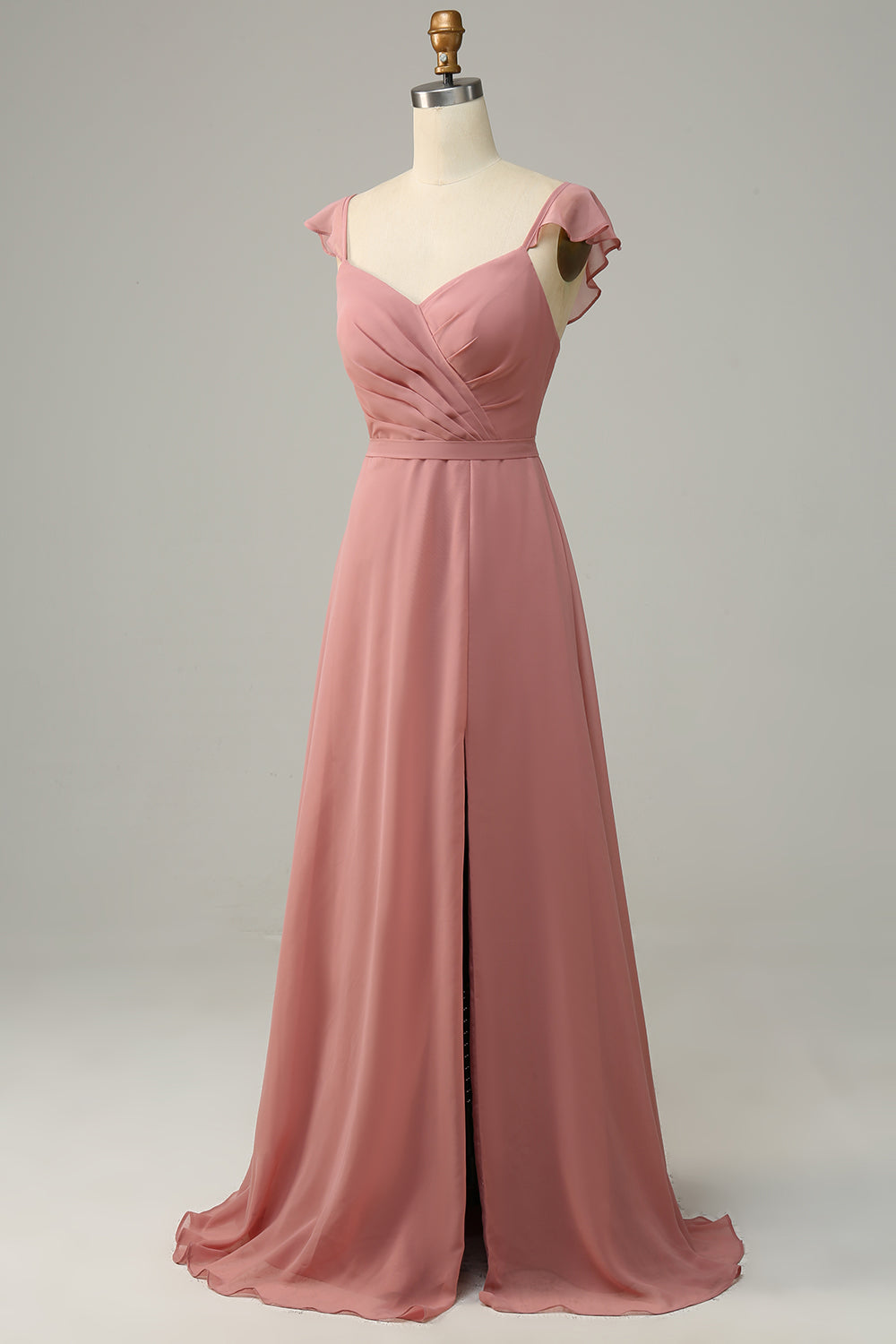 Dusty Rose A Line Ruffles Long Chiffon Bridesmaid Dress With Slit