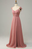 Dusty Rose A Line Ruffles Long Chiffon Bridesmaid Dress With Slit
