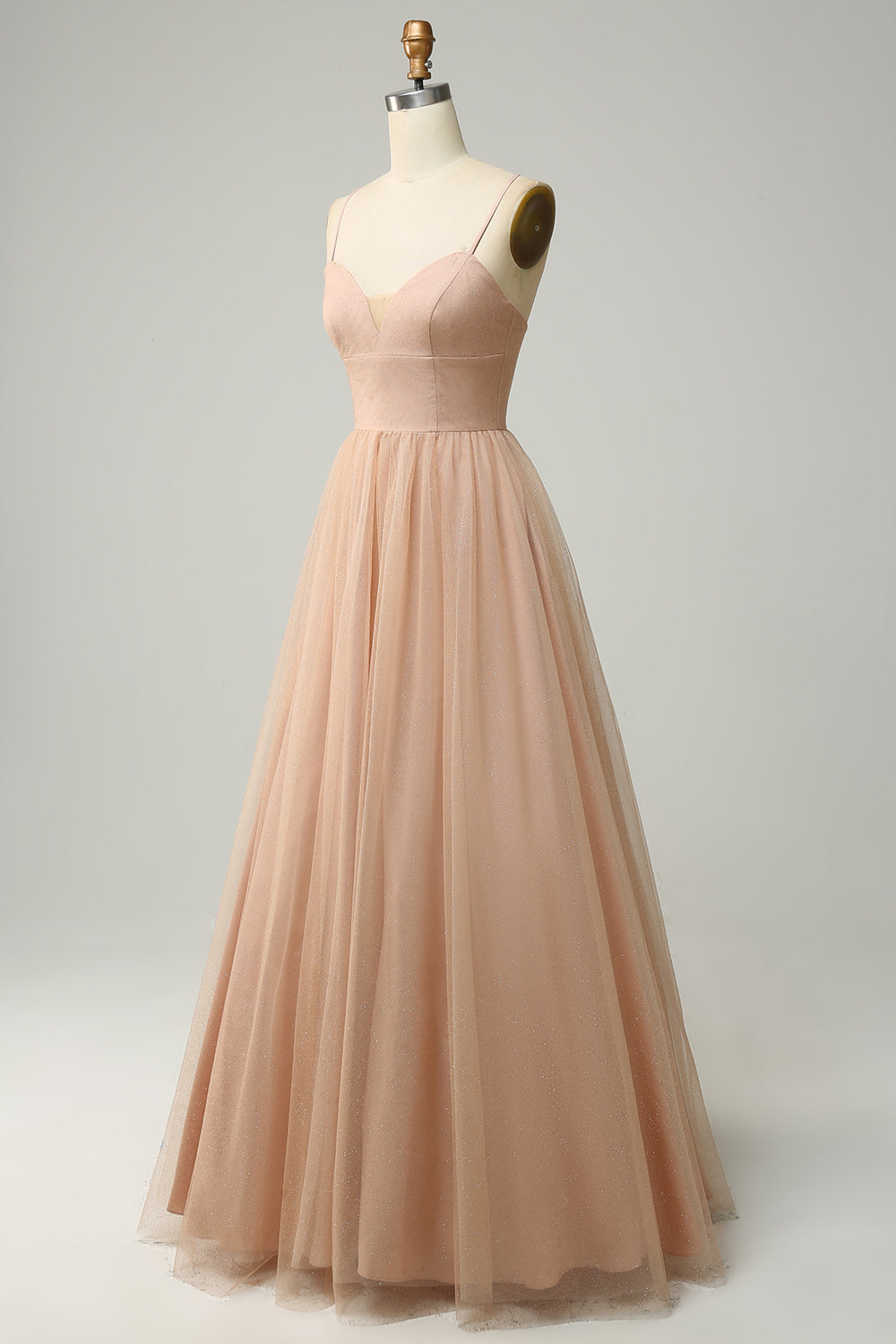 Champagne A Line Spaghetti Straps Long Bridesmaid Dress