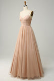 Champagne A Line Spaghetti Straps Long Bridesmaid Dress