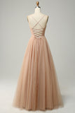 Champagne A Line Spaghetti Straps Long Bridesmaid Dress