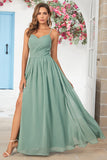 Matcha Spaghetti Straps Corset Long Bridesmaid Dress with Criss Cross Back