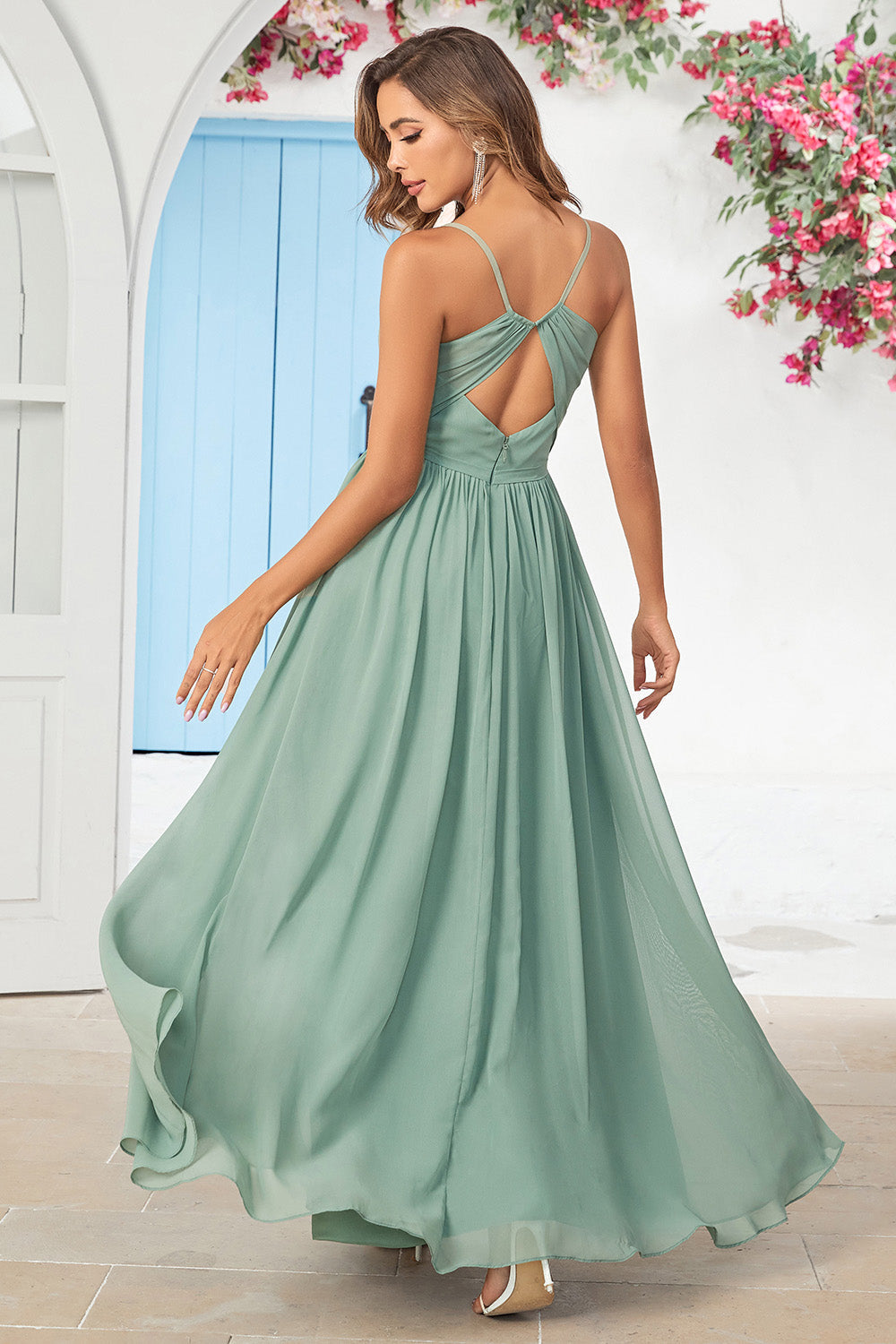Matcha Spaghetti Straps Corset Long Bridesmaid Dress with Criss Cross Back