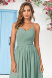 Matcha Spaghetti Straps Corset Long Bridesmaid Dress with Criss Cross Back