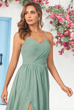 Matcha Spaghetti Straps Corset Long Bridesmaid Dress with Criss Cross Back