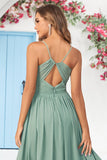 Matcha Spaghetti Straps Corset Long Bridesmaid Dress with Criss Cross Back