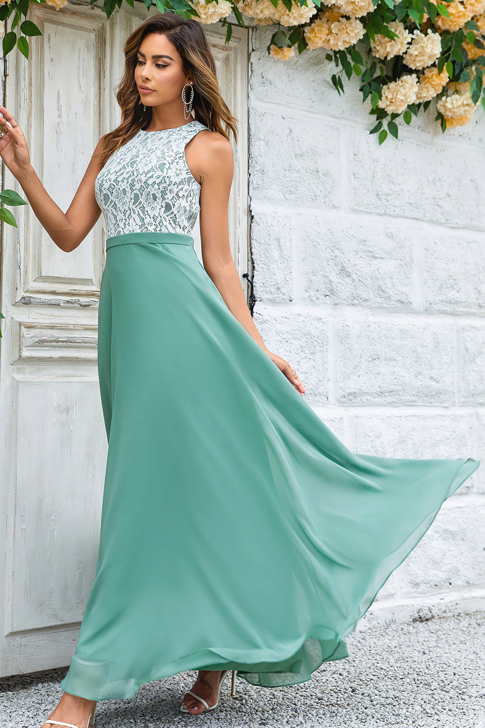 Matcha A Line Round Neck Chiffon Bridesmaid Dress with Lace