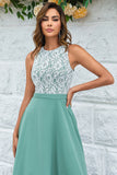 Matcha A Line Round Neck Chiffon Bridesmaid Dress with Lace