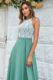 Matcha A Line Round Neck Chiffon Bridesmaid Dress with Lace