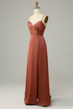 Brick Red Sheath Spaghetti Straps Satin Bridesmaid Dress with Slit