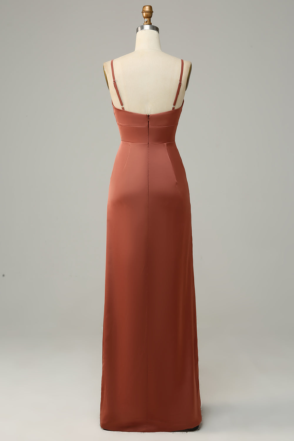 Brick Red Sheath Spaghetti Straps Satin Bridesmaid Dress with Slit