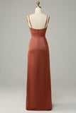 Brick Red Sheath Spaghetti Straps Satin Bridesmaid Dress with Slit