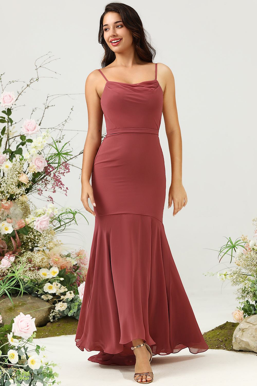 Desert Rose Mermaid Spaghetti Straps Asymmetrical Chiffon Bridesmaid Dress
