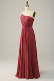 Desert Rose A Line One Shoulder Chiffon Long Bridesmaid Dress