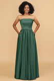 A Line Strapless Satin Floor-Length Bridesmaid Dress with Pockets