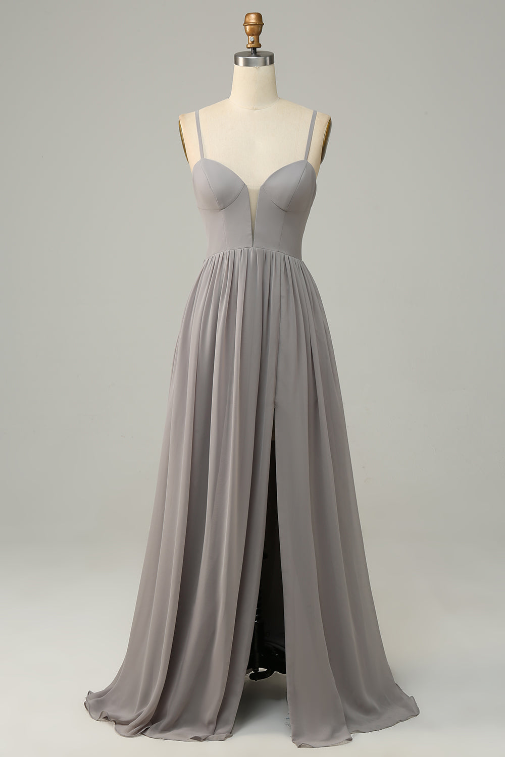 Silver A Line Spaghetti Straps Long Bridesmaid Dress with Slit