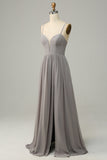 Silver A Line Spaghetti Straps Long Bridesmaid Dress with Slit