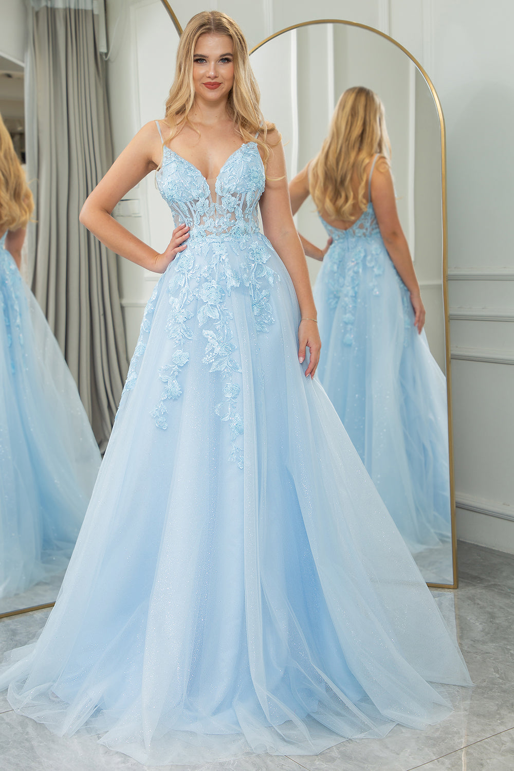 Light Blue A Line Tulle Backless Princess Corset Prom Dress With Appliques