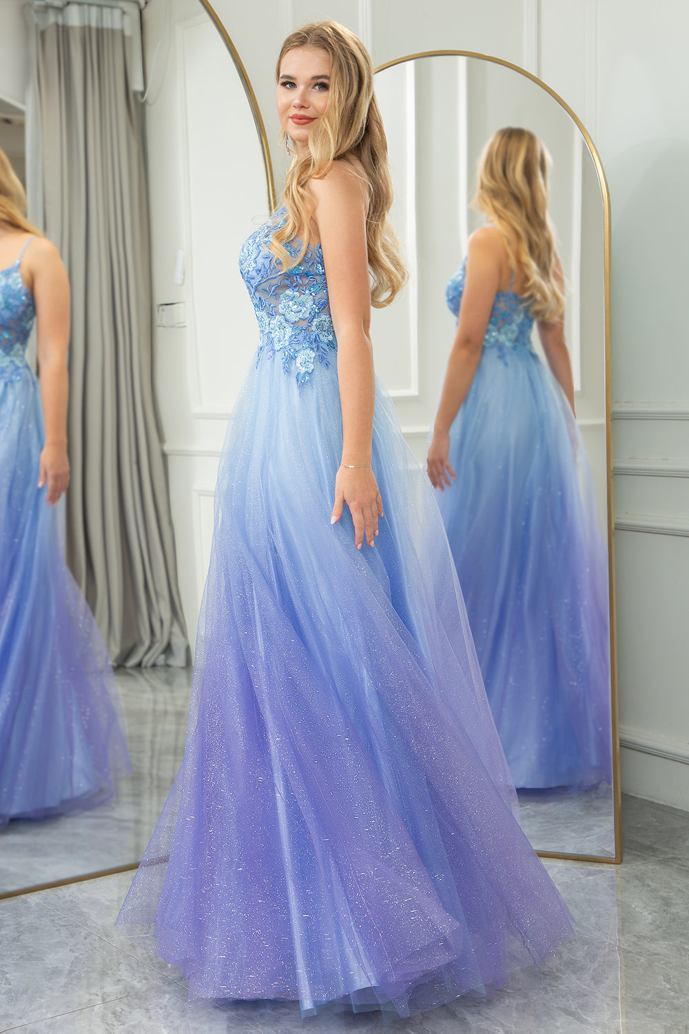 Gradient Blue Glitter A Line Tulle Long Prom Dress With Appliques