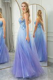 Gradient Blue Glitter A Line Tulle Long Prom Dress With Appliques
