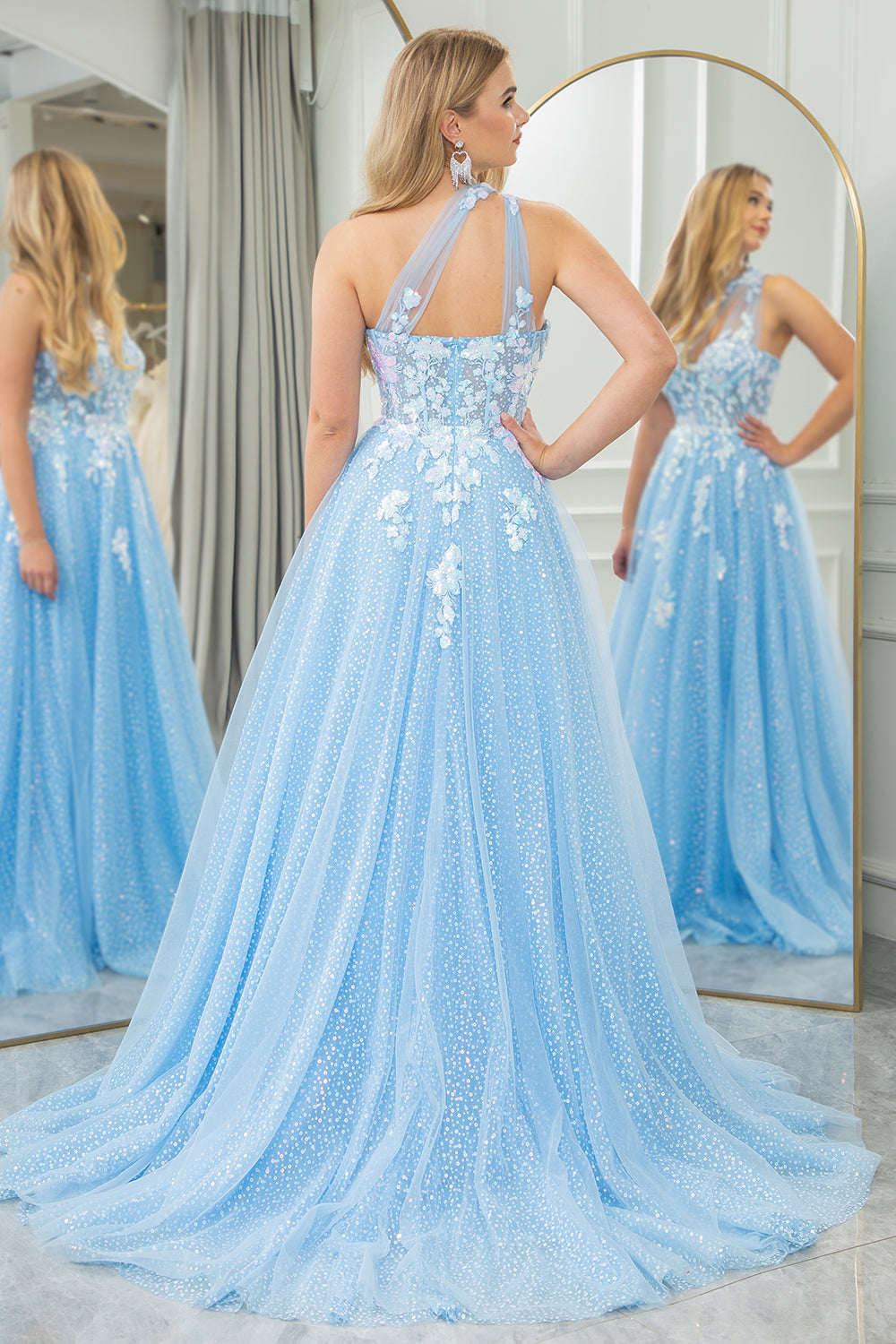Light Blue A Line One Shoulder Tulle Long Prom Dress With Appliques