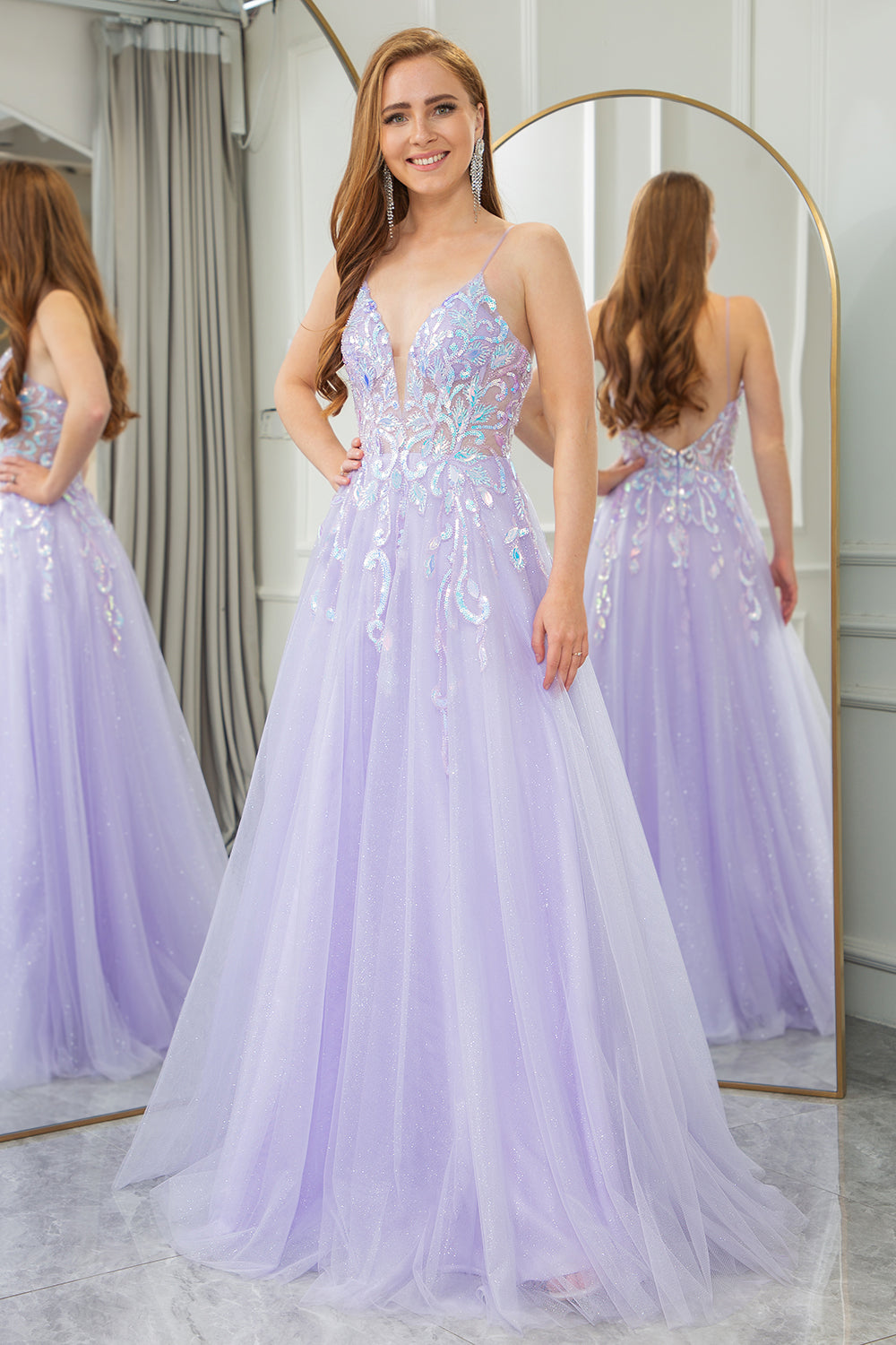 Lilac A Line Tulle Backless Long Prom Dress With Sequined Appliques