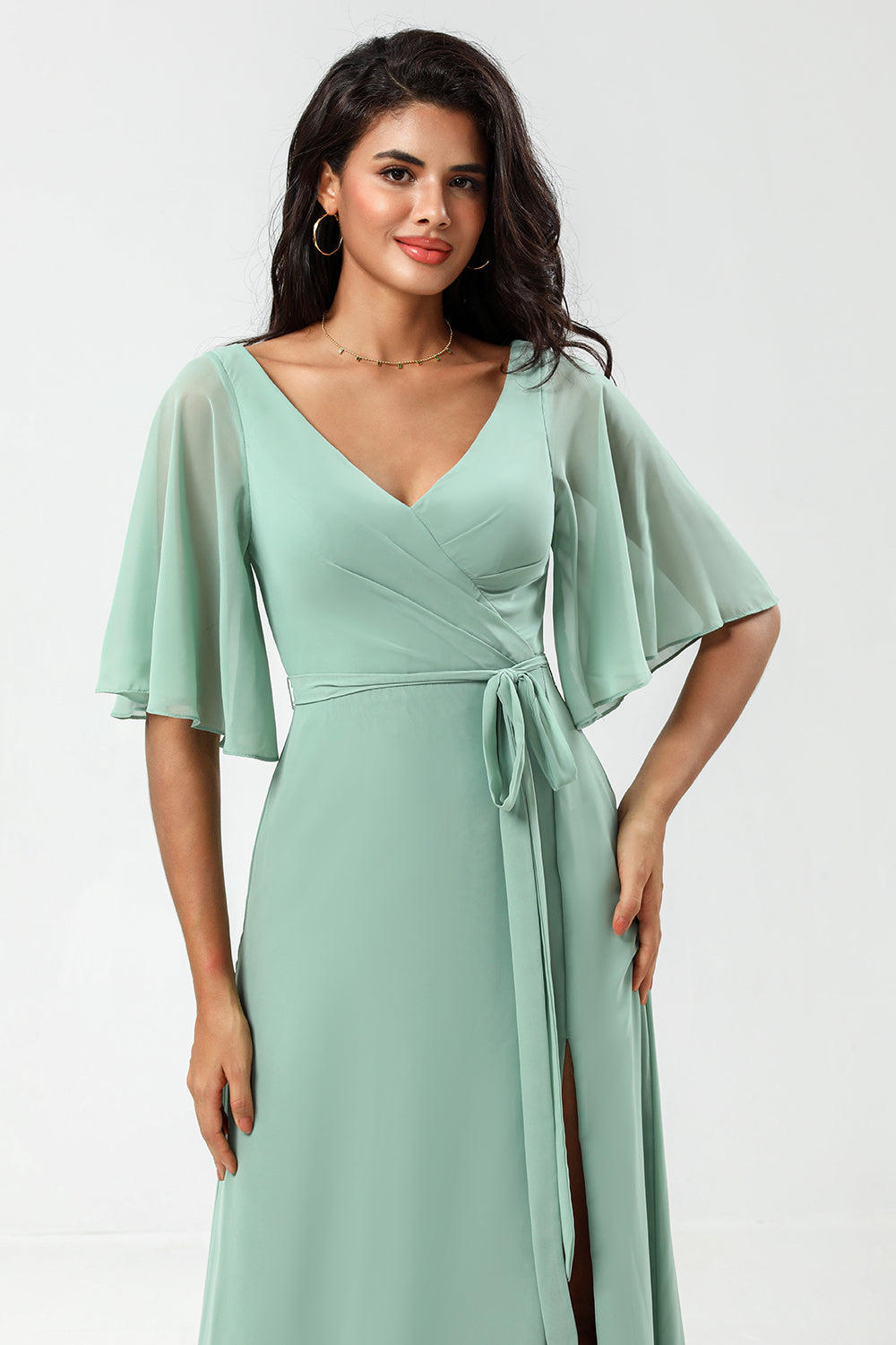 A Line V Neck Long Chiffon Matcha Bridesmaid Dress with Slit