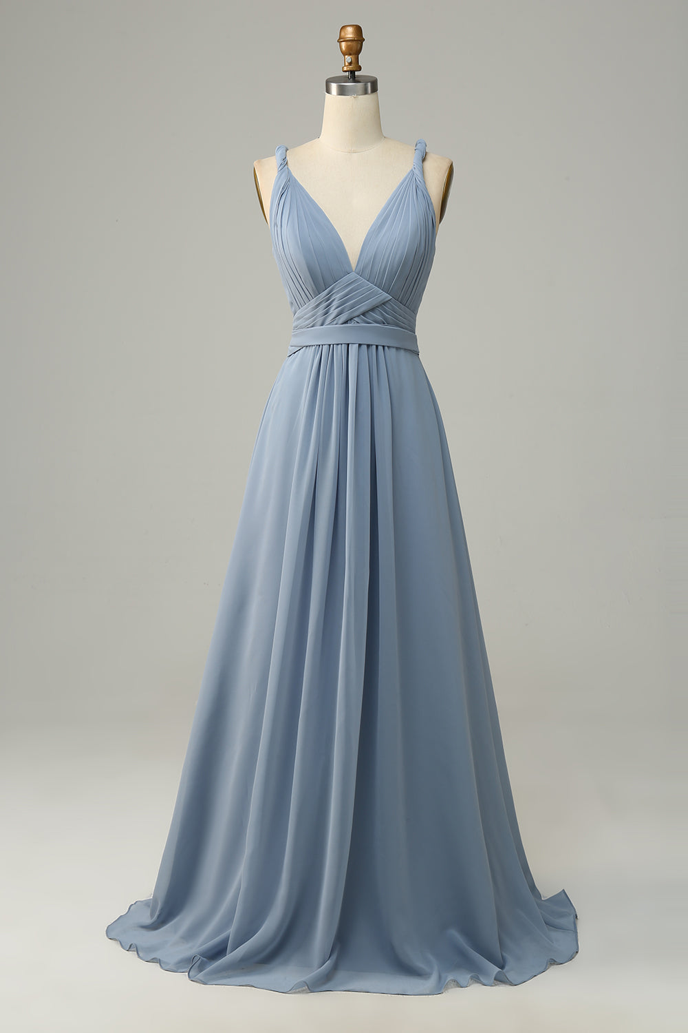Dusty Blue A Line Deep V Neck Chiffon Bridesmaid Dress