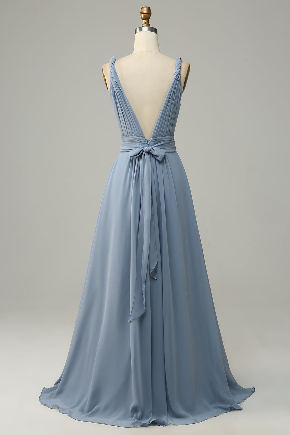 Dusty Blue A Line Deep V Neck Chiffon Bridesmaid Dress