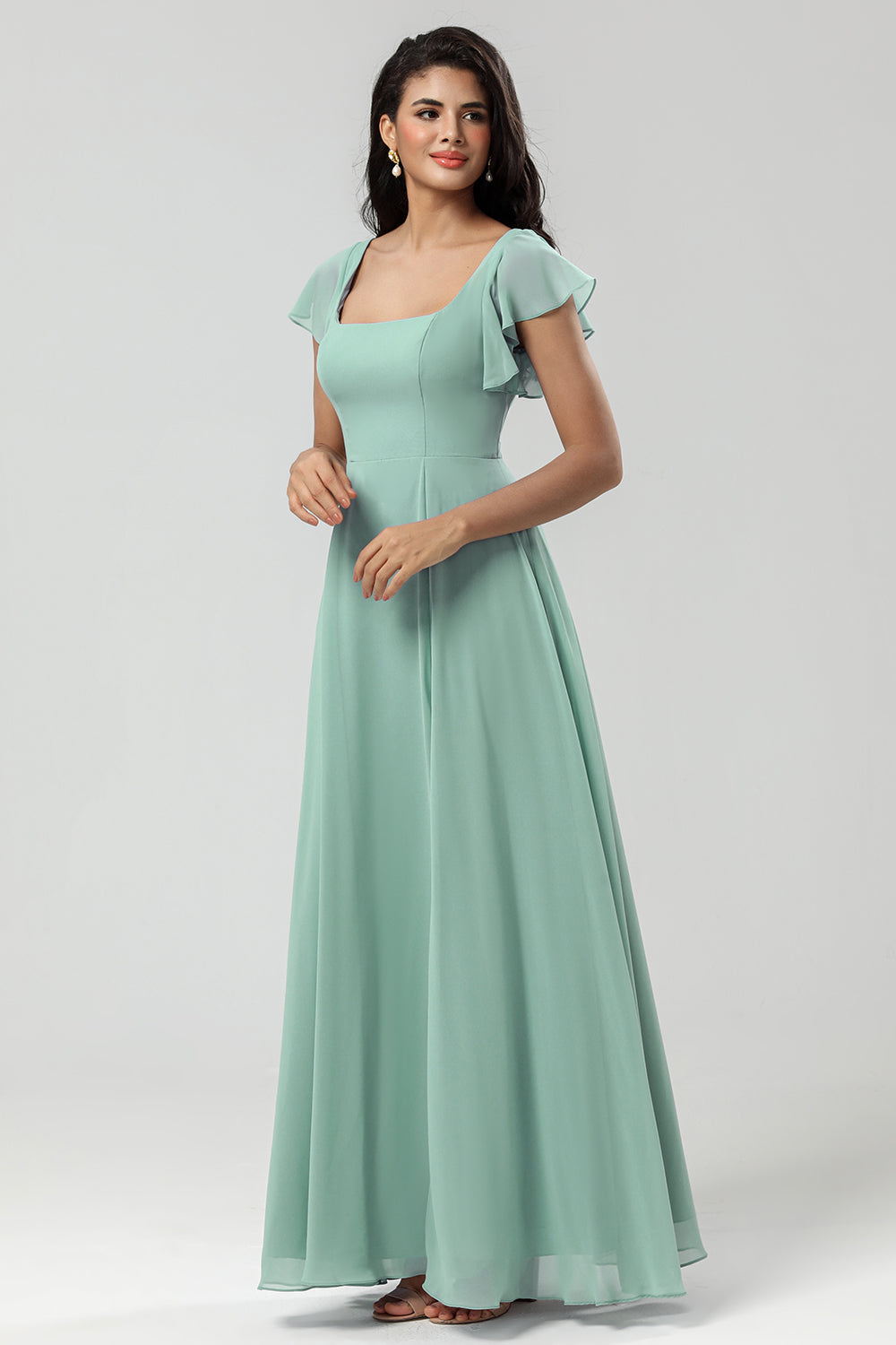 A Line Square Neck Floor-Length Chiffon Bridesmaid Dress with Slit