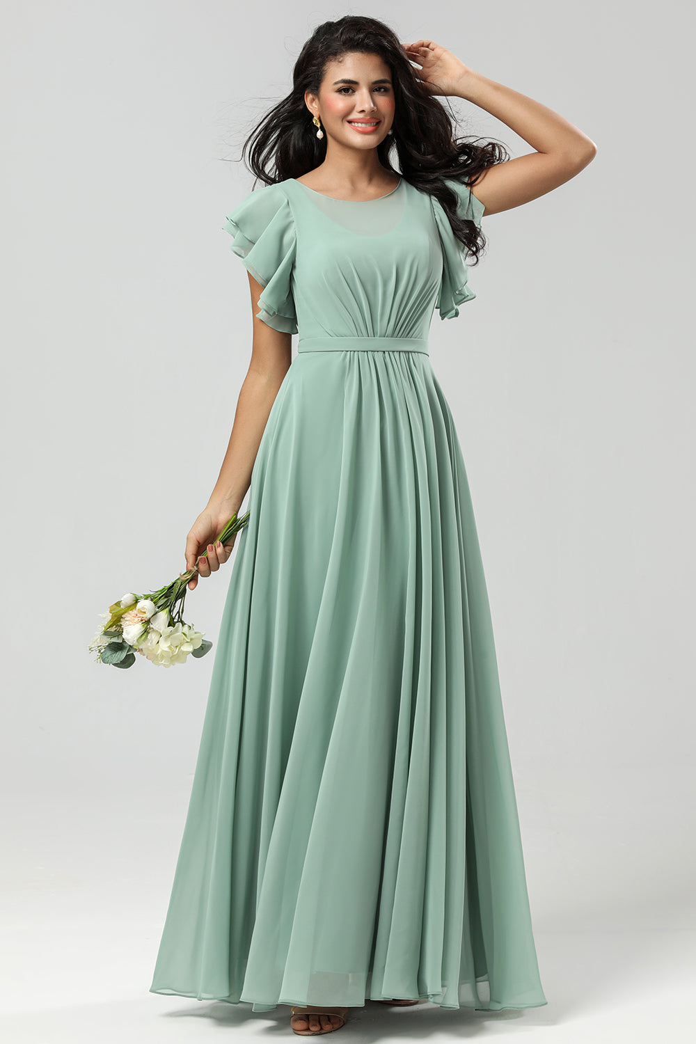 Matcha A Line Round Neck Pleated Floor Length Chiffon Bridesmaid Dress