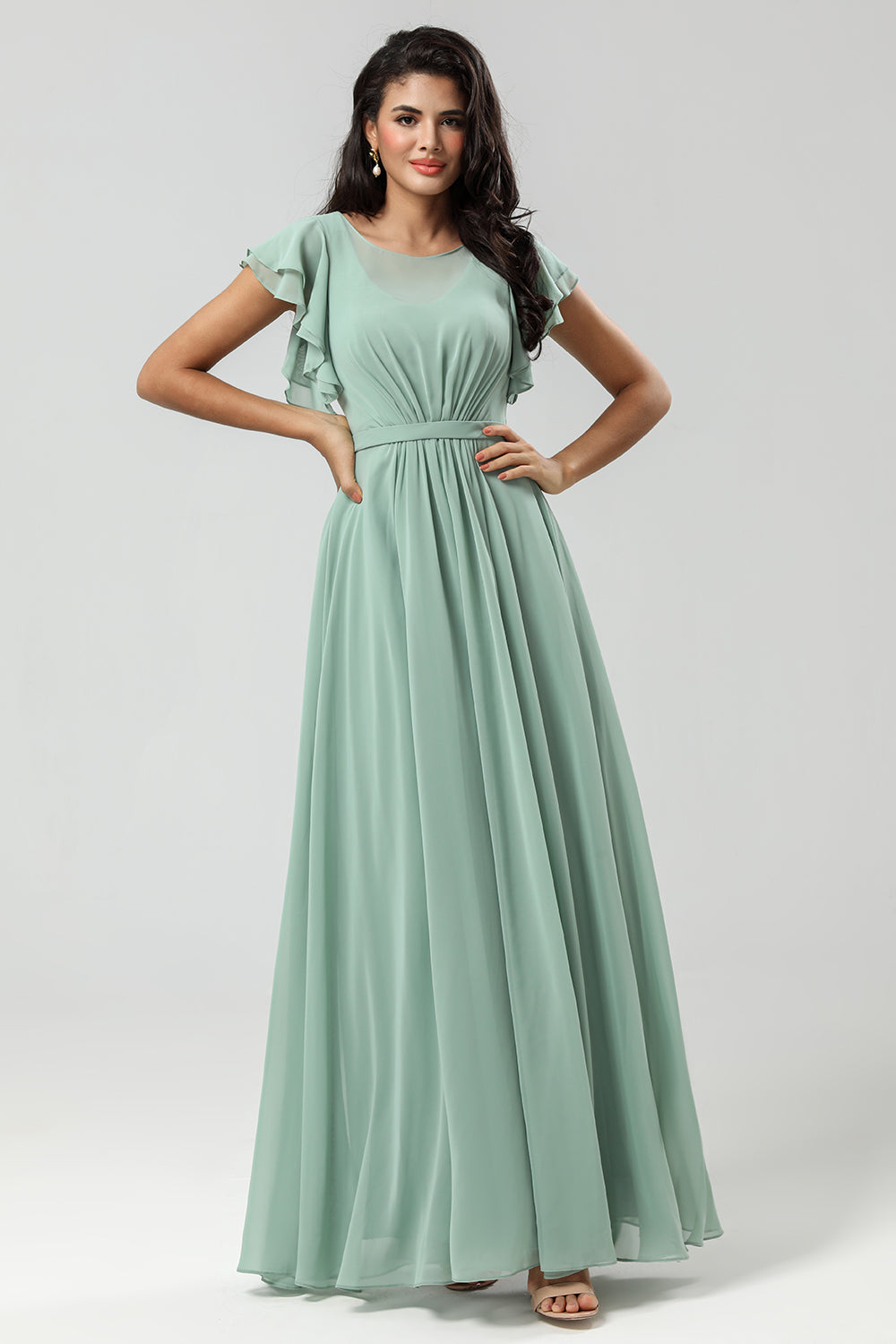 Matcha A Line Round Neck Pleated Floor Length Chiffon Bridesmaid Dress