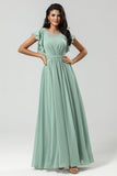 Matcha A Line Round Neck Pleated Floor Length Chiffon Bridesmaid Dress