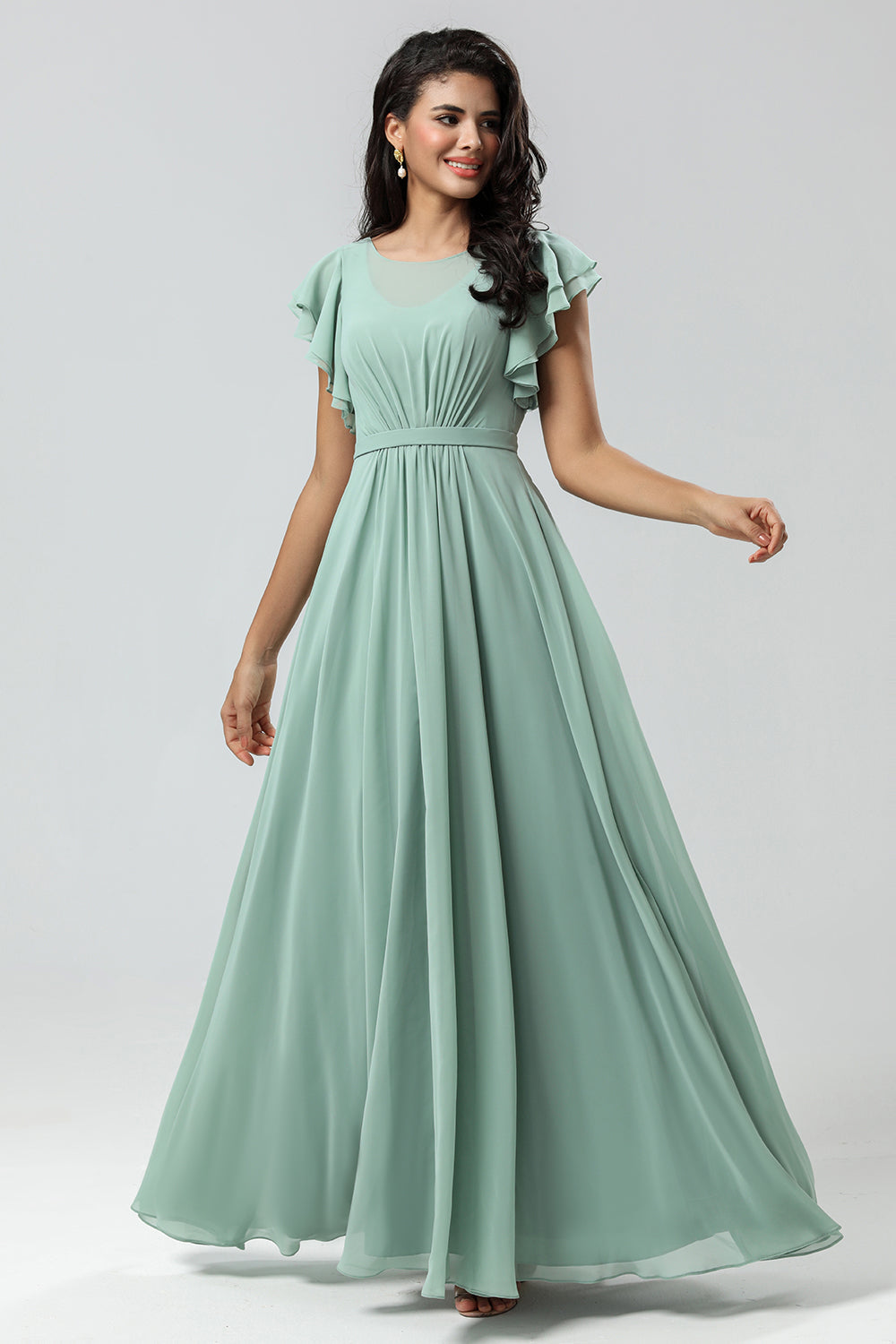 Matcha A Line Round Neck Pleated Floor Length Chiffon Bridesmaid Dress
