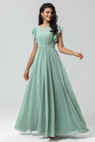 Matcha A Line Round Neck Pleated Floor Length Chiffon Bridesmaid Dress