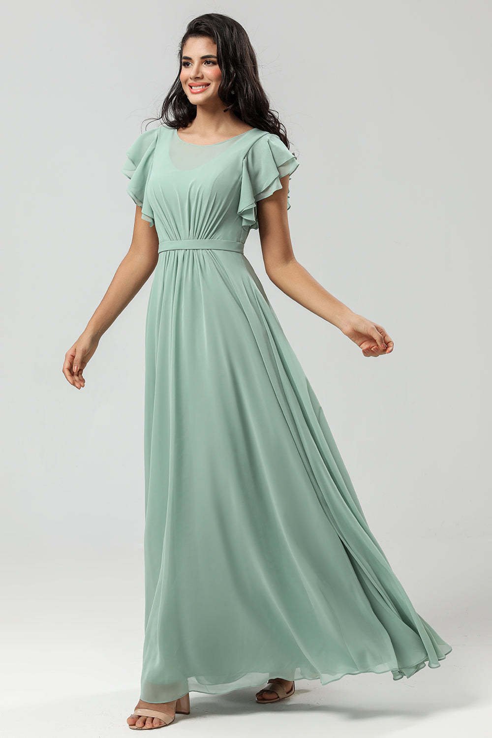 Matcha A Line Round Neck Pleated Floor Length Chiffon Bridesmaid Dress