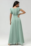 Matcha A Line Round Neck Pleated Floor Length Chiffon Bridesmaid Dress