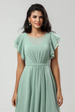 Matcha A Line Round Neck Pleated Floor Length Chiffon Bridesmaid Dress