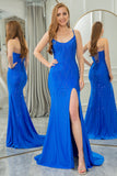 Glitter Royal Blue Mermaid Long Prom Dress With Slit