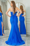Glitter Royal Blue Mermaid Long Prom Dress With Slit