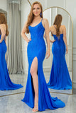 Glitter Royal Blue Mermaid Long Prom Dress With Slit