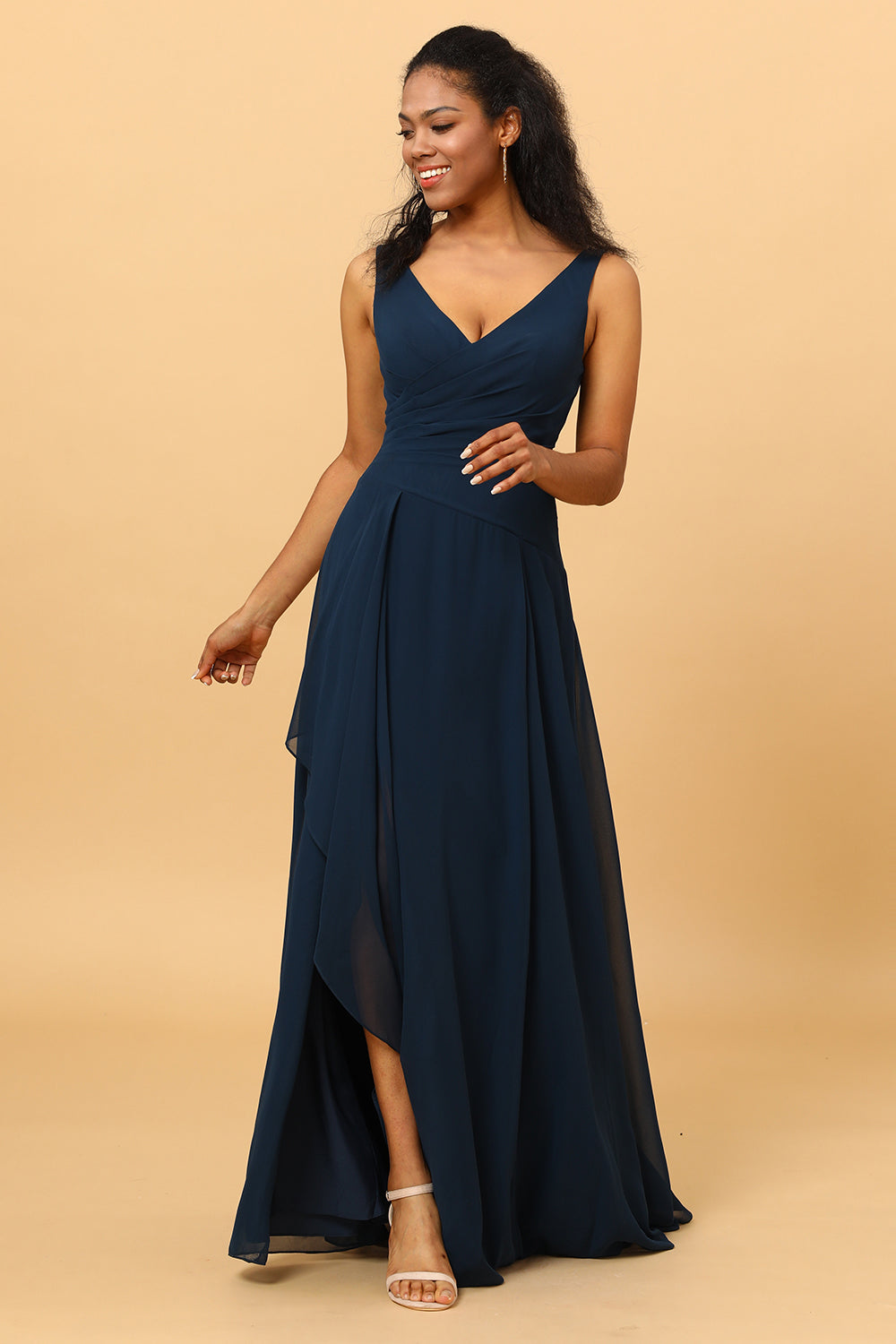 Dark Navy A Line V Neck Floor Length Chiffon Bridesmaid Dress with Slit