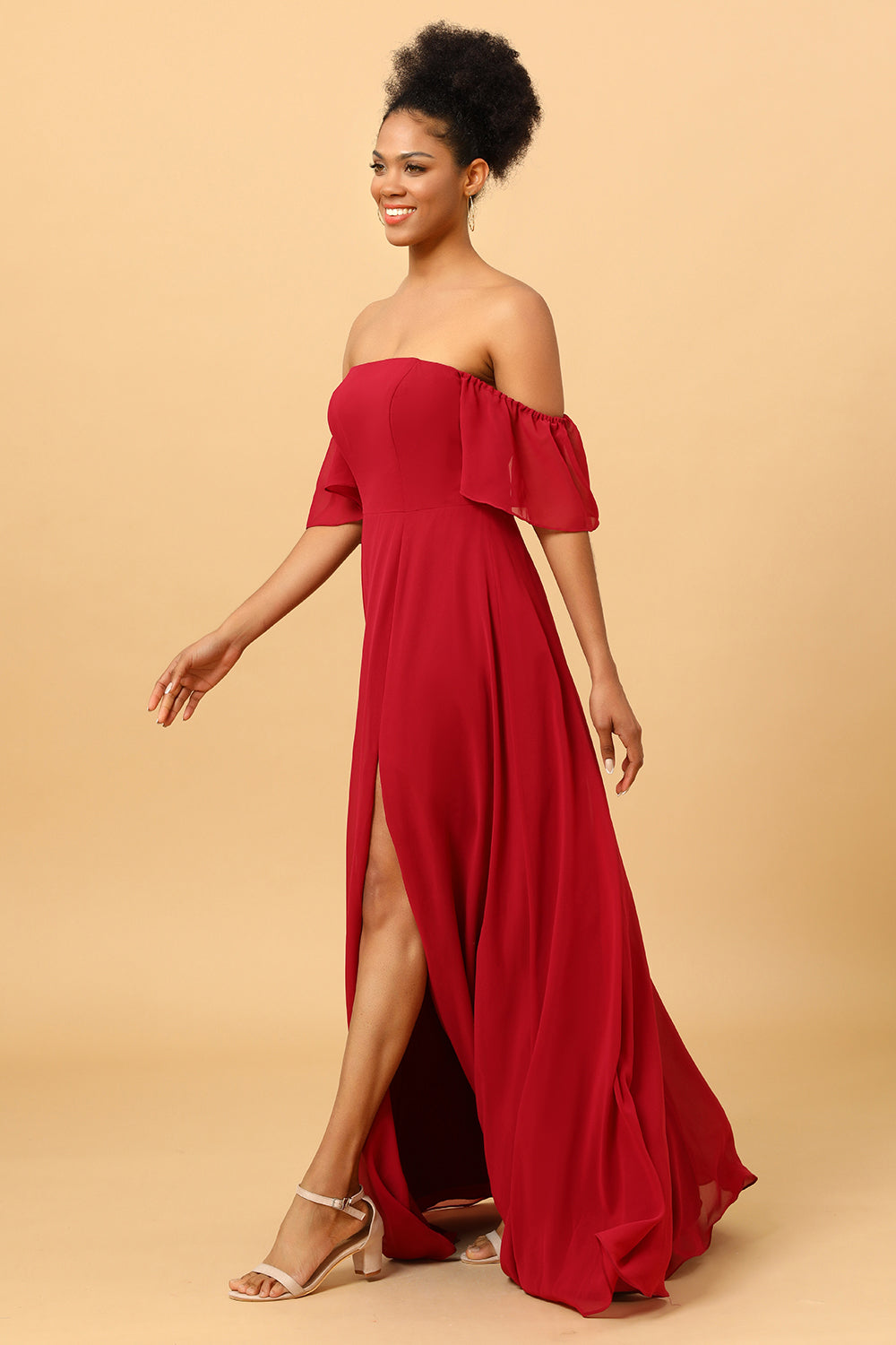 Burgundy off the Shoulder Long Chiffon Bridesmaid Dress with Slit