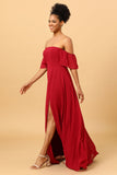 Burgundy off the Shoulder Long Chiffon Bridesmaid Dress with Slit