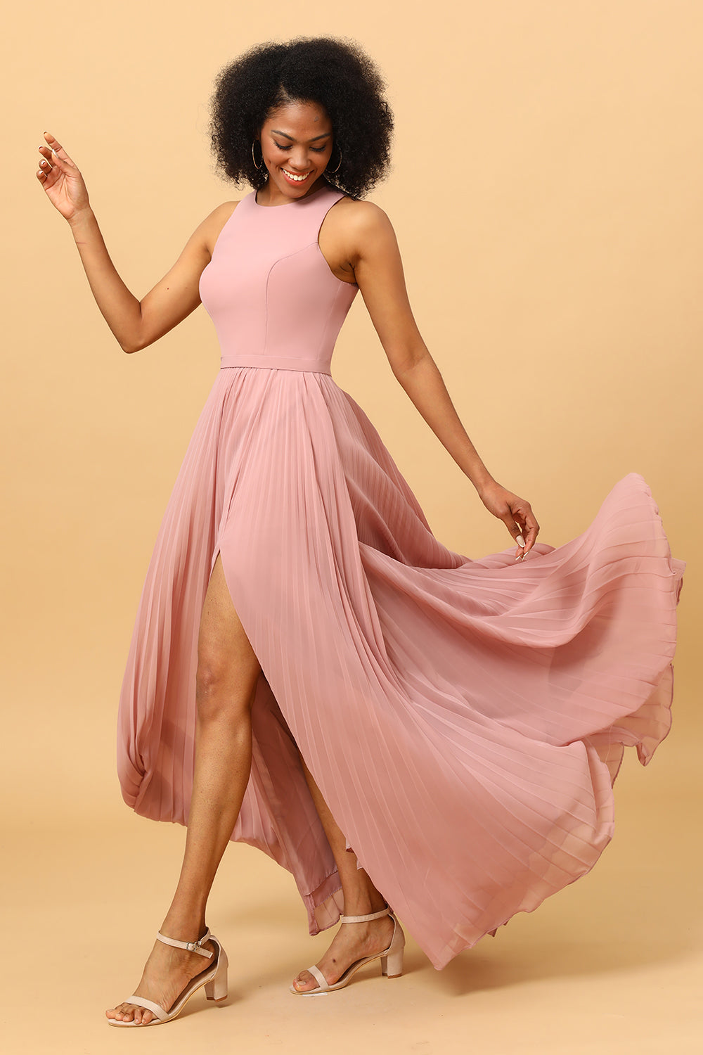 Dusty Rose A Line High Neck Pleated Long Chiffon Bridesmaid Dress