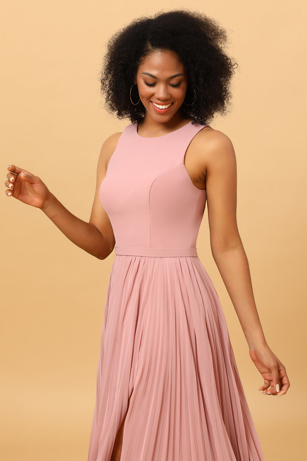 Dusty Rose A Line High Neck Pleated Long Chiffon Bridesmaid Dress