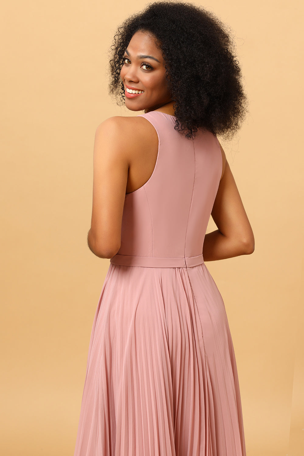 Dusty Rose A Line High Neck Pleated Long Chiffon Bridesmaid Dress