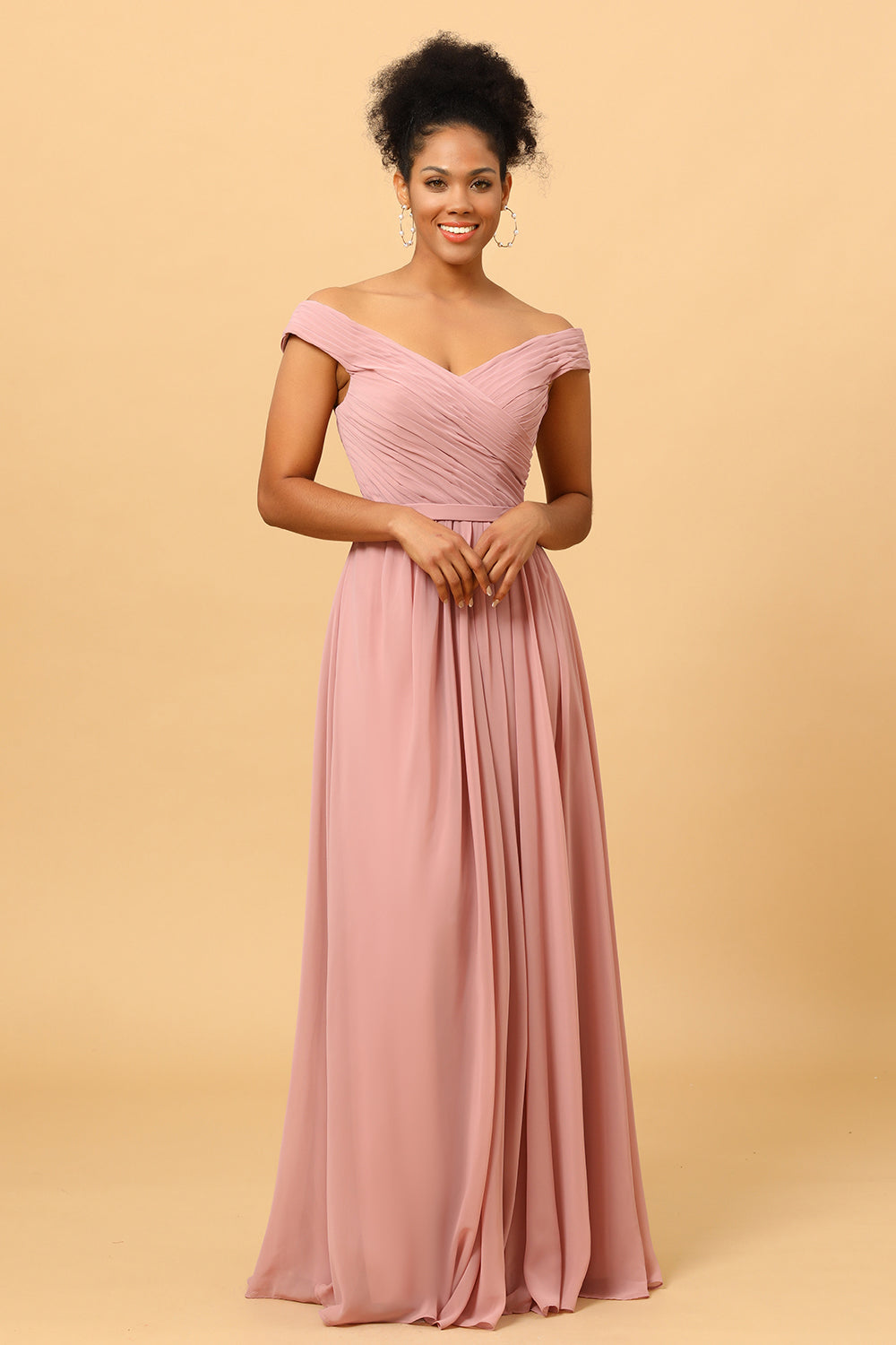 Dusty Rose Ruched Long Chiffon Bridesmaid Dress with Slit