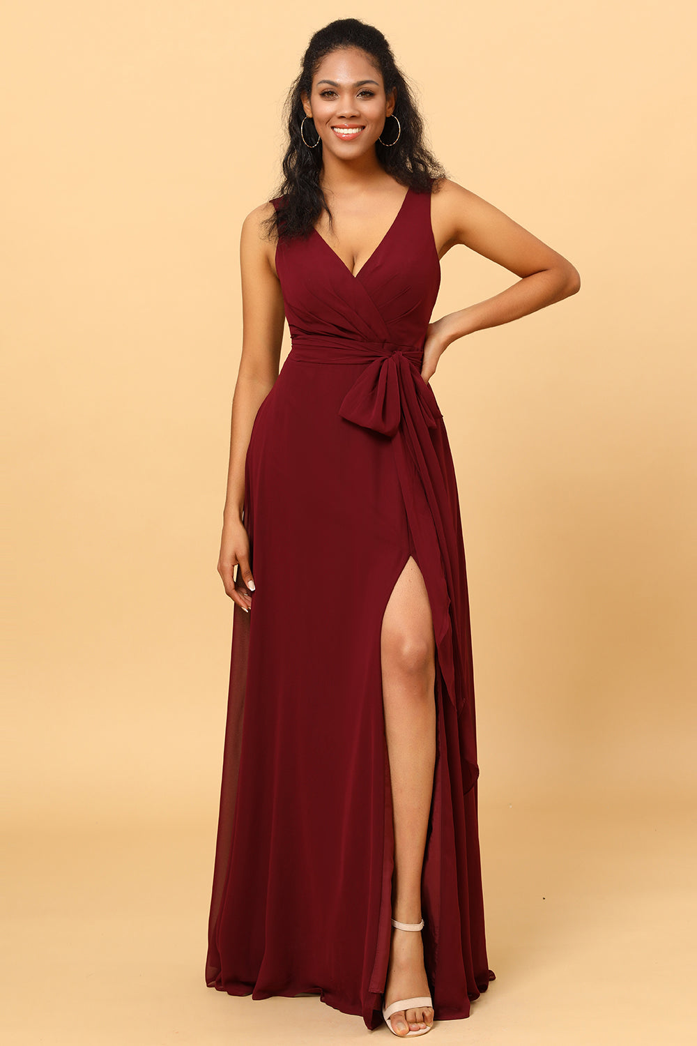 Cabernet V Neck Sleeveless Floor Length Chiffon Bridesmaid Dress